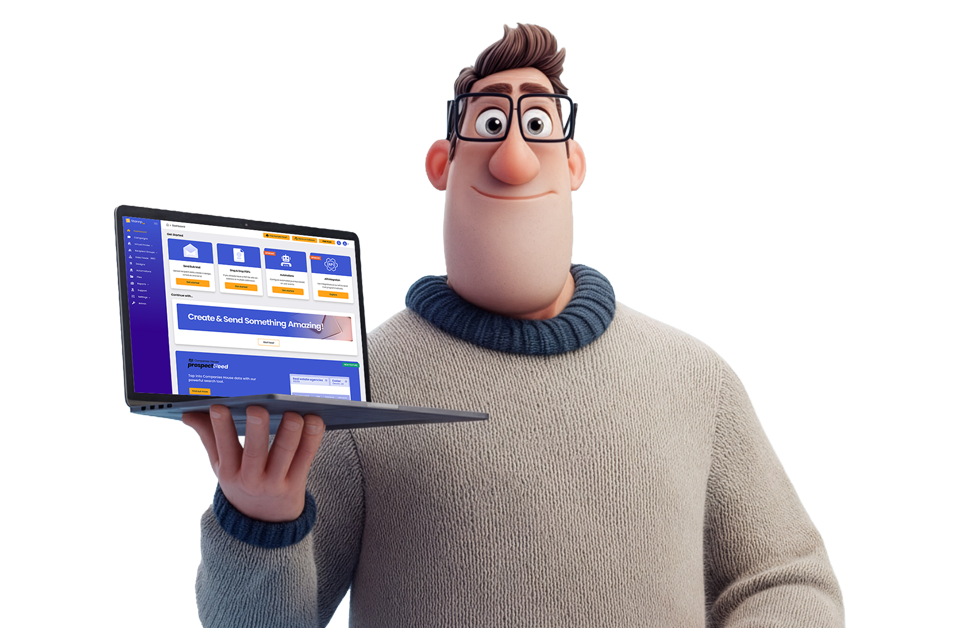 Man holding an open laptop with the Stannp.com platform on the screen