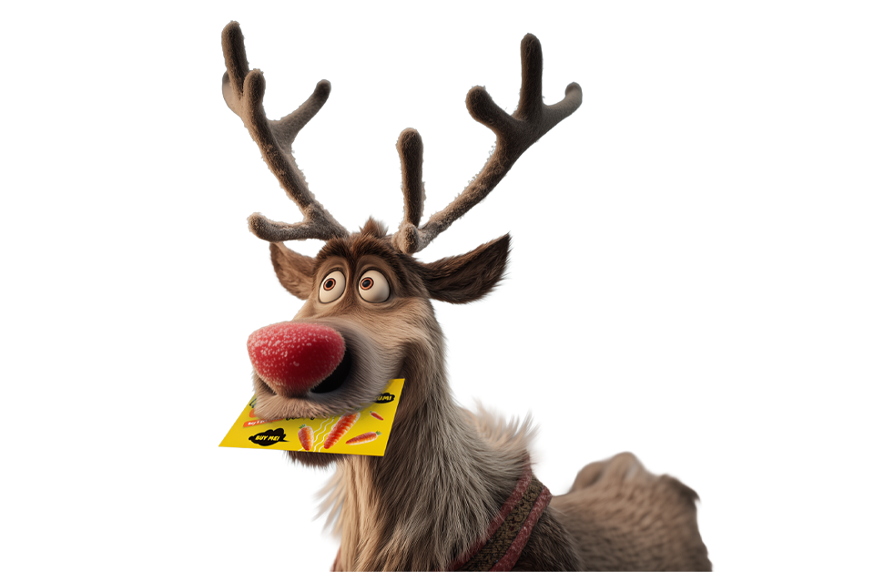 Rudolph with a postcard in his mouth